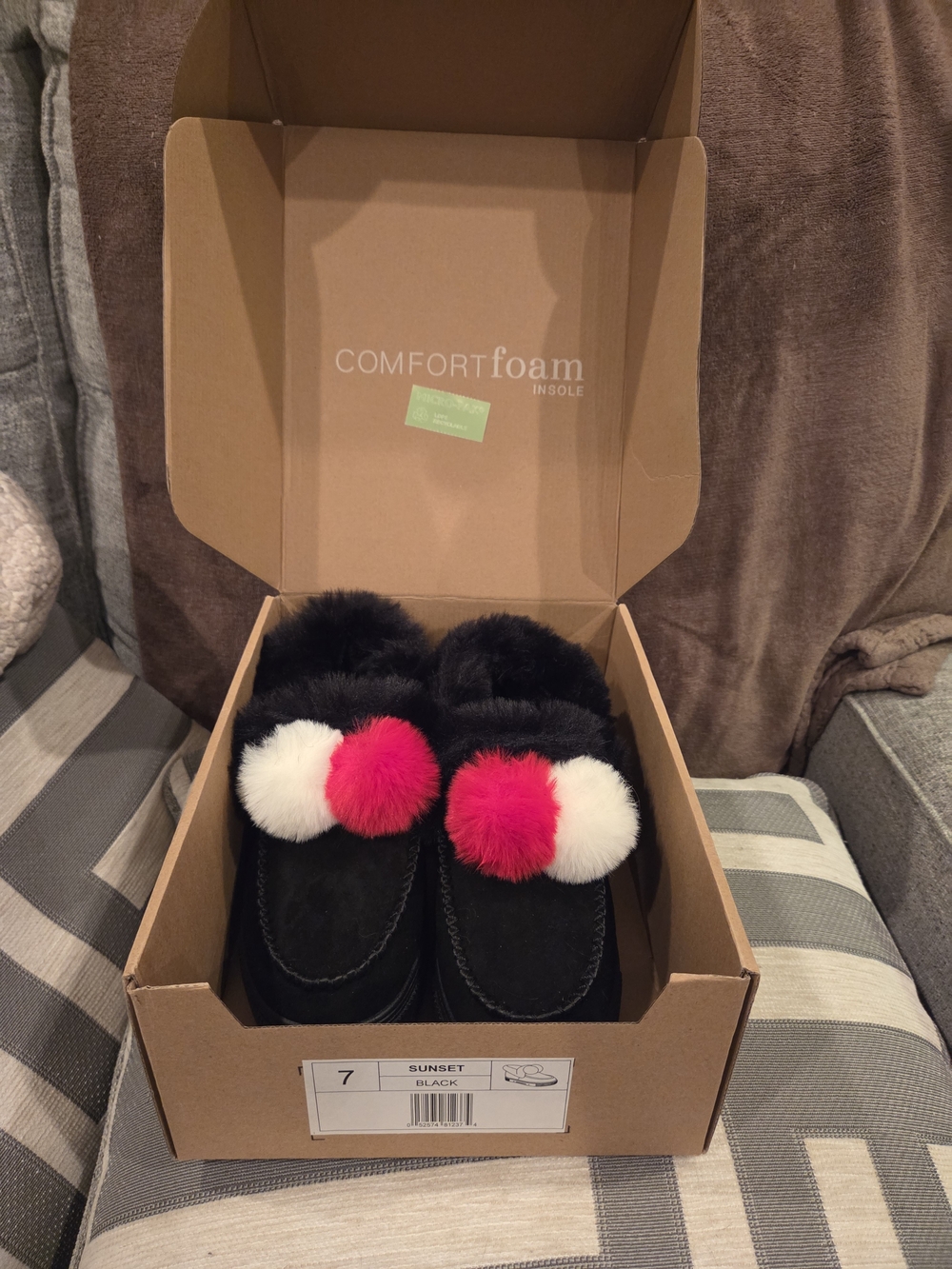 Black Moccasin Slippers with Red & White Pom Poms